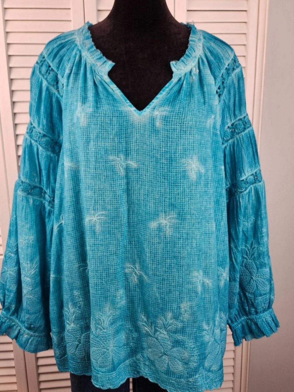 NWT Tru Luxe Peasant Top L Teal Blue Embroidered Lace Sleeve Cotton $99